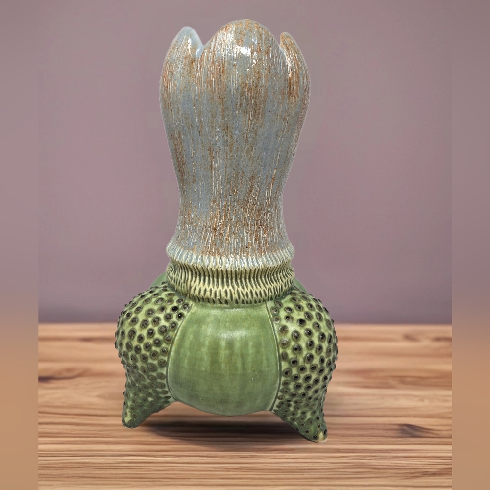 Unique One Of A Kind Ceramic Vase Tulip Shape Top 3D Polka Dots Of Green 3 Legs